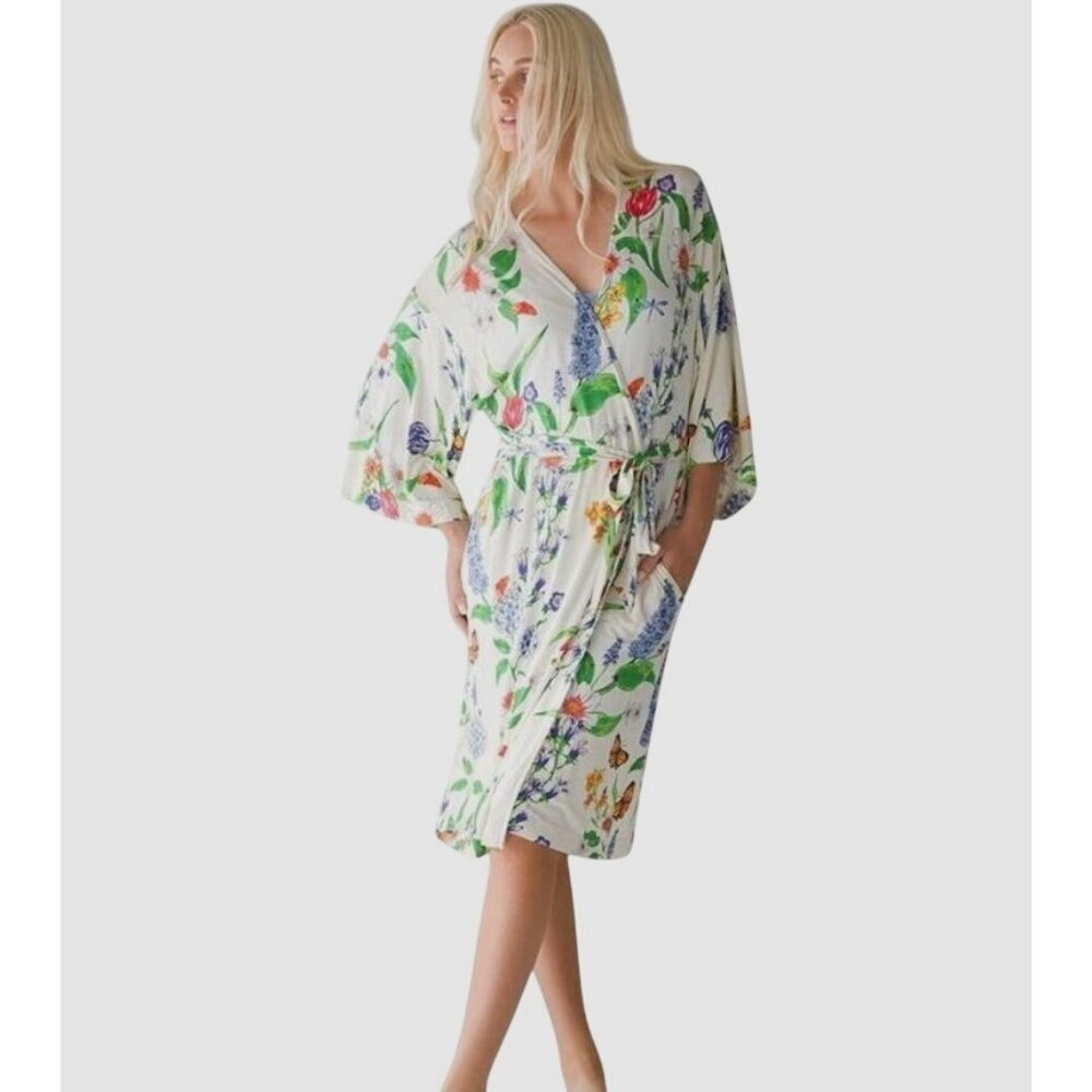 Soma Women's Kimono Robe S-M White Floral Cool Nights Belted Tropical Loungewear